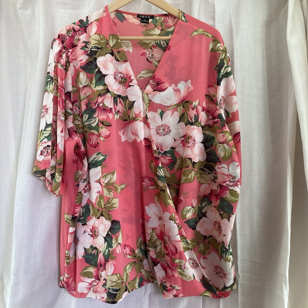 IMAN Global Chic Luxurious Crossover Pink‎ Floral Top Blouse Faux Wrap 2XL